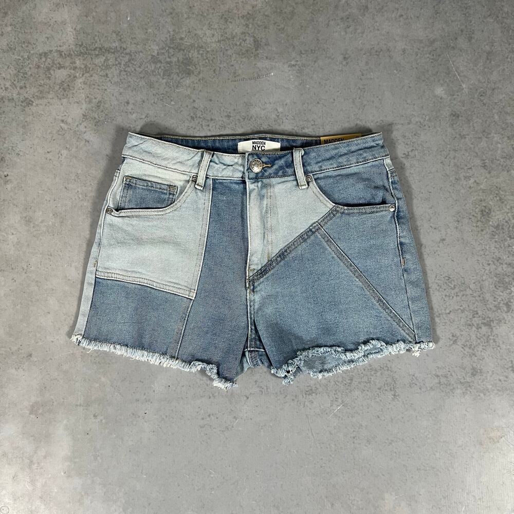 Mom Shorts Mid Rise Madden NYC Women's Patchwork Stretch Denim Size 7